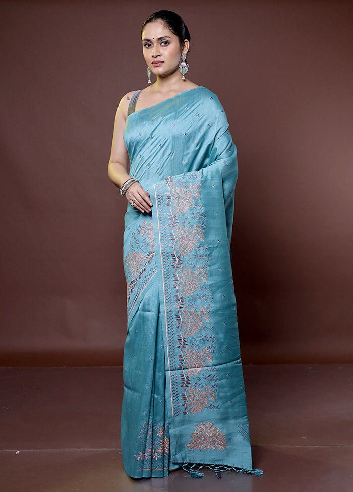 Blue Tussar Silk Saree With Blouse Piece