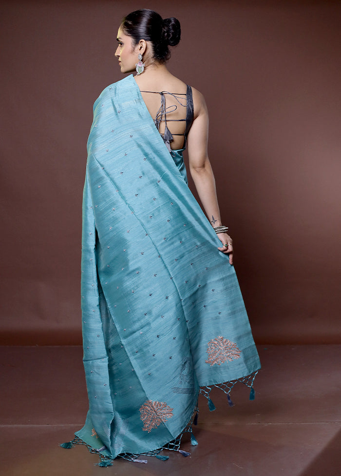 Blue Tussar Silk Saree With Blouse Piece