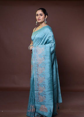 Blue Tussar Silk Saree With Blouse Piece