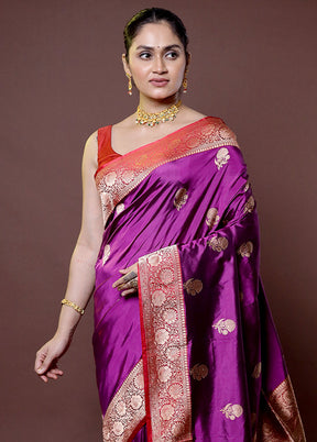 Purple Handloom Katan Pure Silk Saree With Blouse Piece