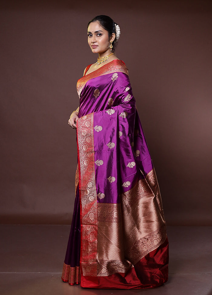 Purple Handloom Katan Pure Silk Saree With Blouse Piece