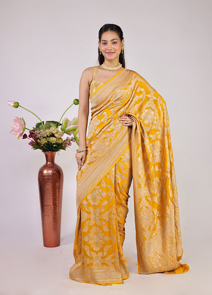 Yellow Handloom Pure Georgette Saree With Blouse Piece