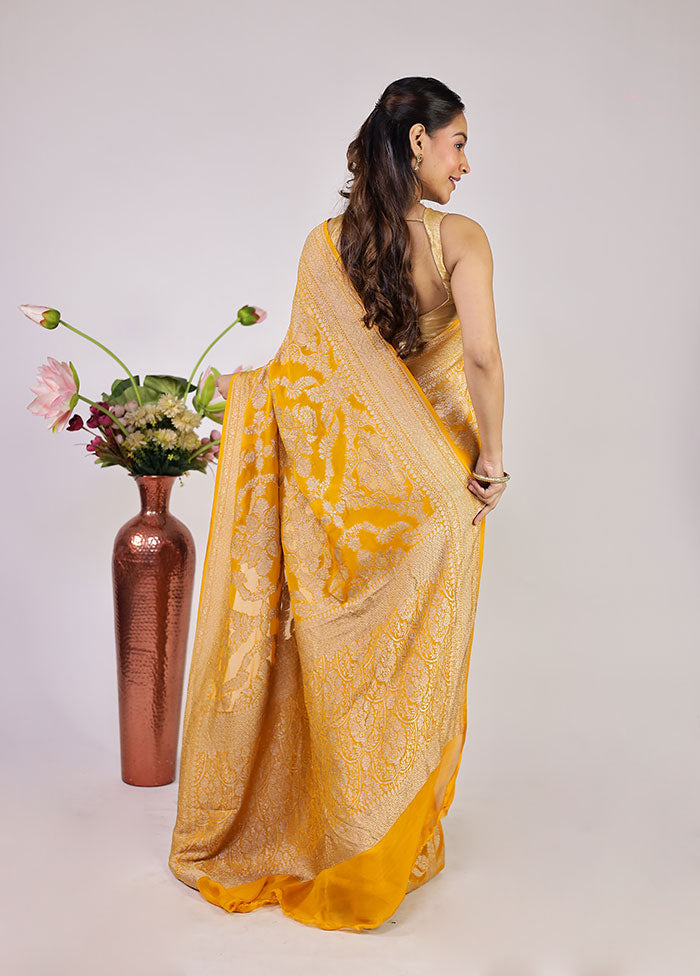 Yellow Handloom Pure Georgette Saree With Blouse Piece