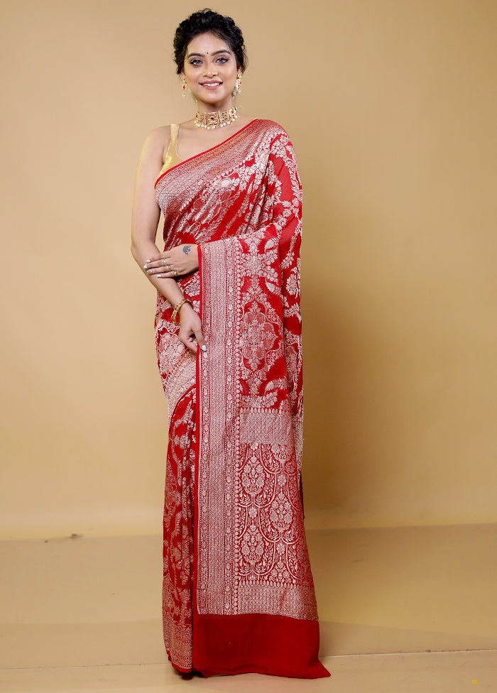 Red Handloom Pure Georgette Saree With Blouse Piece