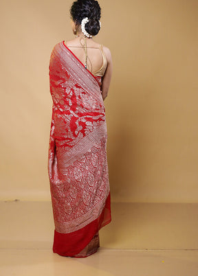 Red Handloom Pure Georgette Saree With Blouse Piece