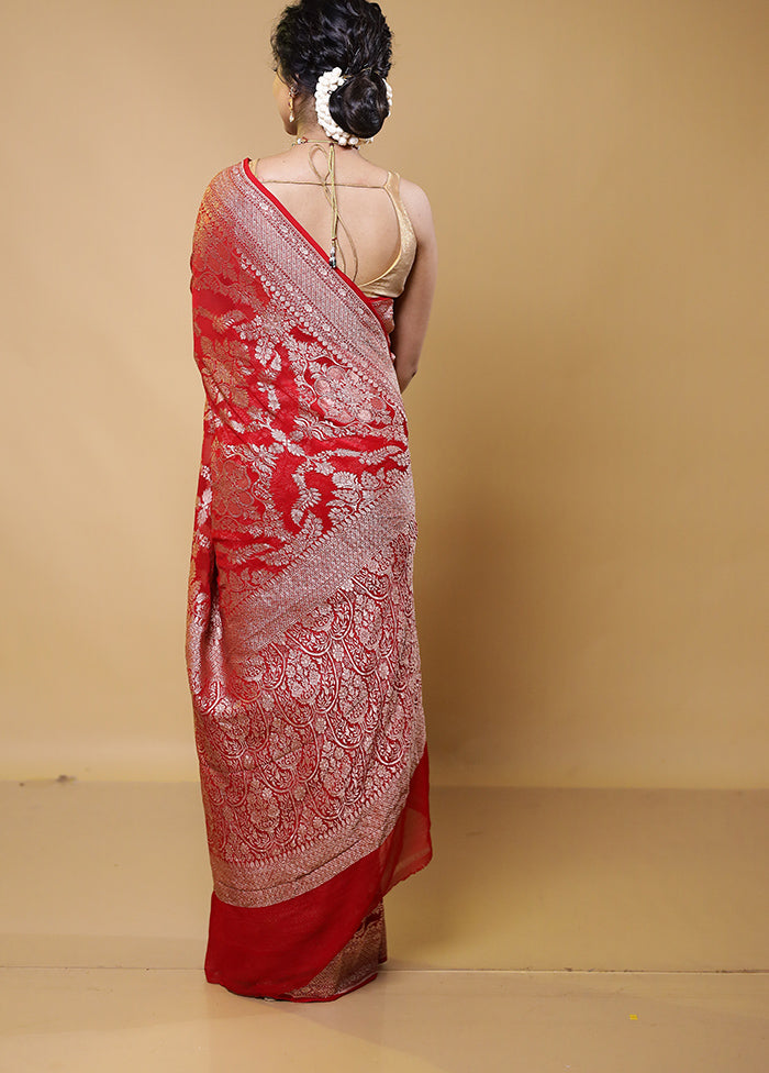 Red Handloom Pure Georgette Saree With Blouse Piece