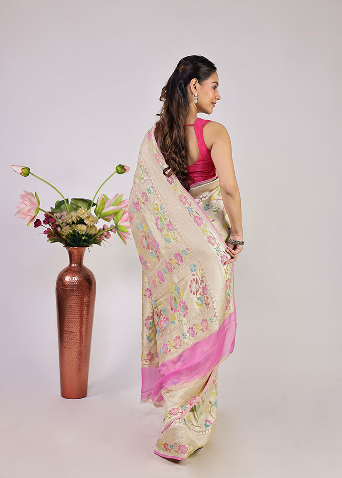 Cream Handloom Pure Georgette Saree With Blouse Piece