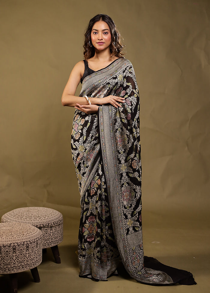 Black Handloom Pure Georgette Saree With Blouse Piece