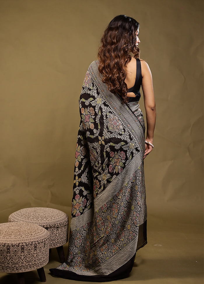 Black Handloom Pure Georgette Saree With Blouse Piece
