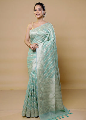 Blue Kora Silk Saree With Blouse Piece