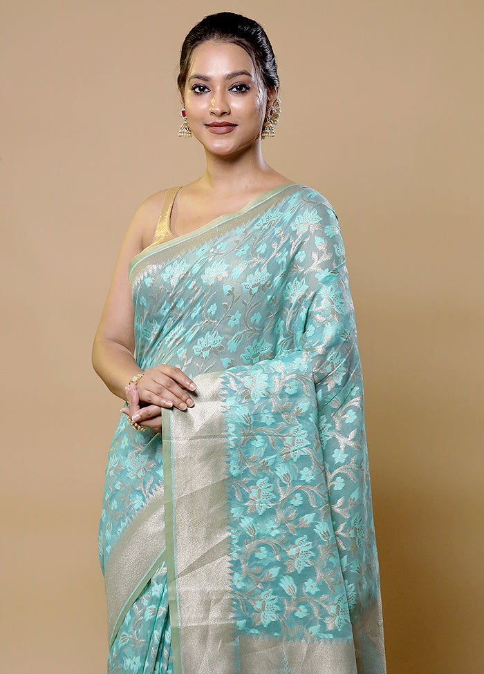 Blue Kora Silk Saree With Blouse Piece