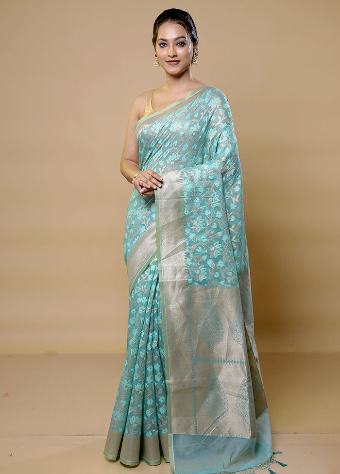 Blue Kora Silk Saree With Blouse Piece