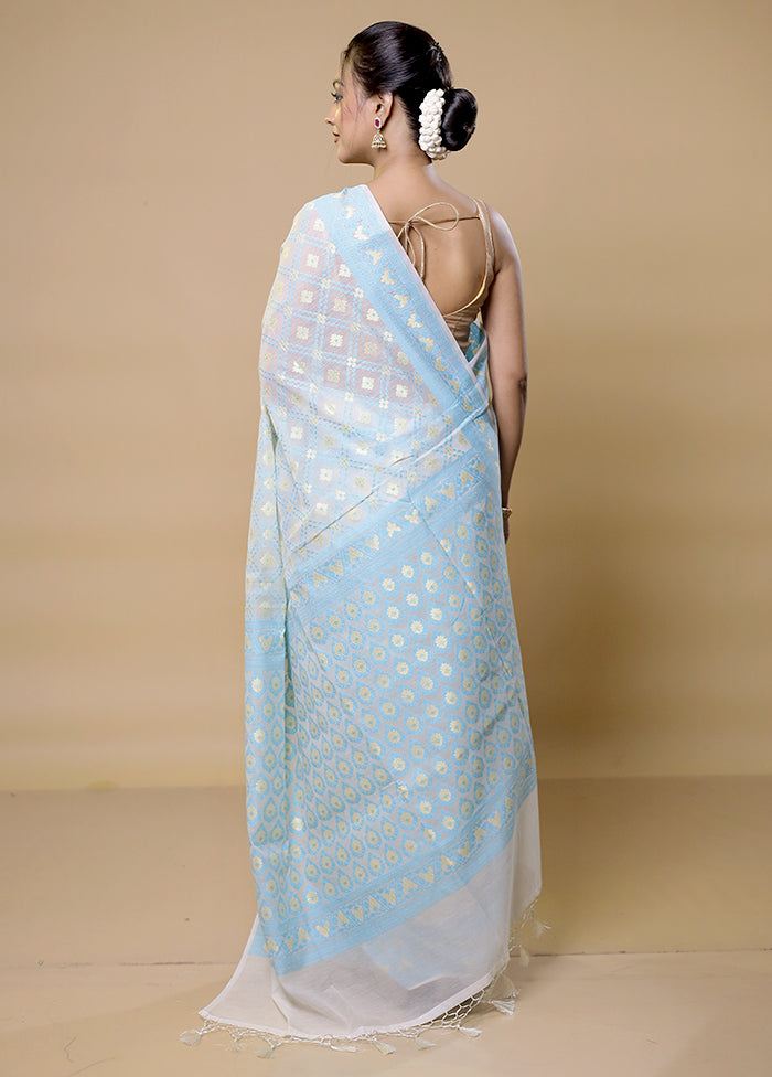 White Pure Cotton Saree With Blouse Piece