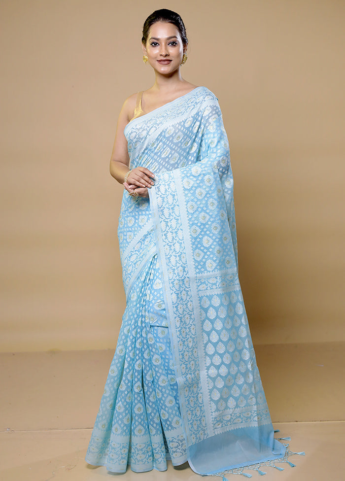 Blue Pure Cotton Saree With Blouse Piece