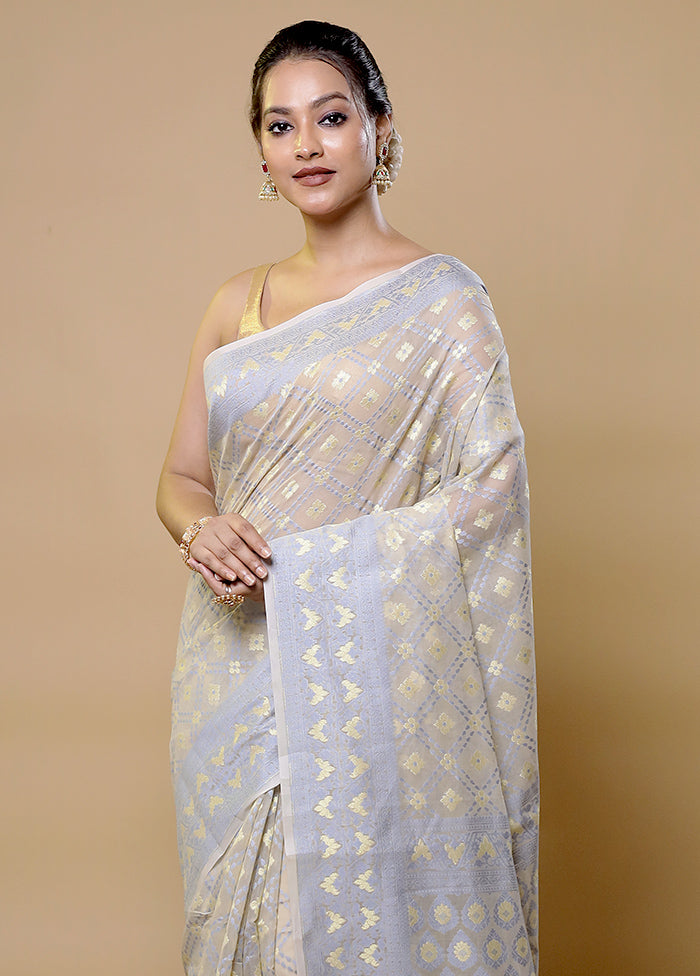 White Pure Cotton Saree With Blouse Piece