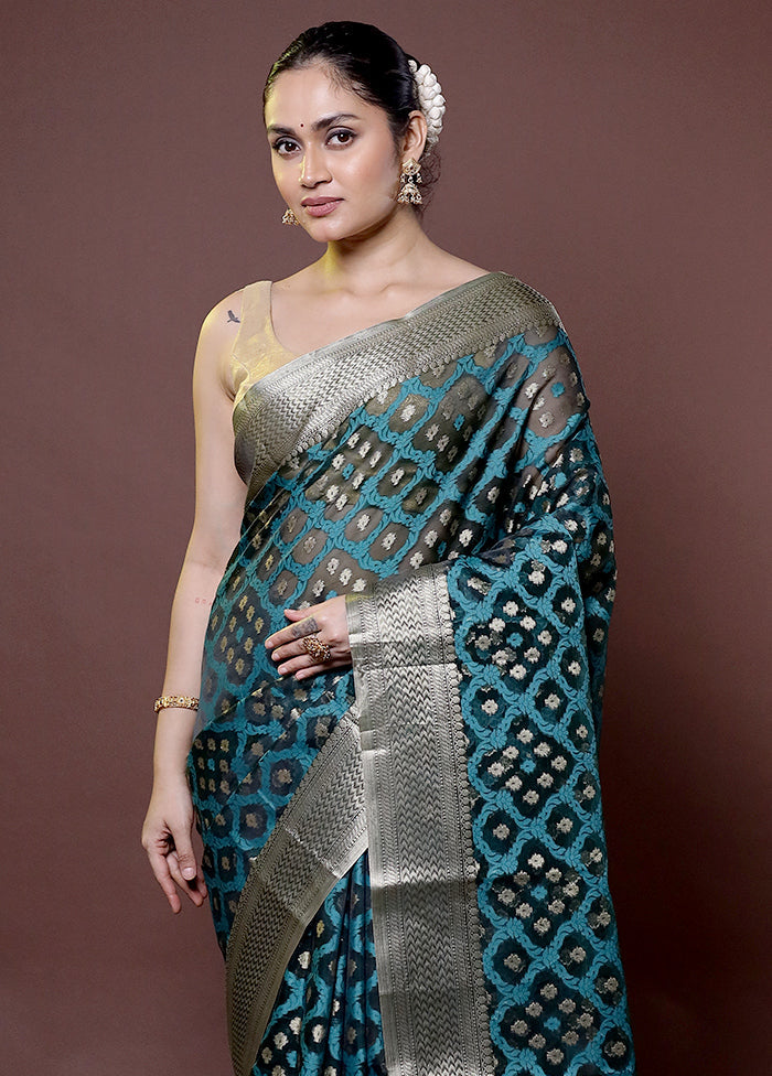 Blue Organza Saree With Blouse Piece