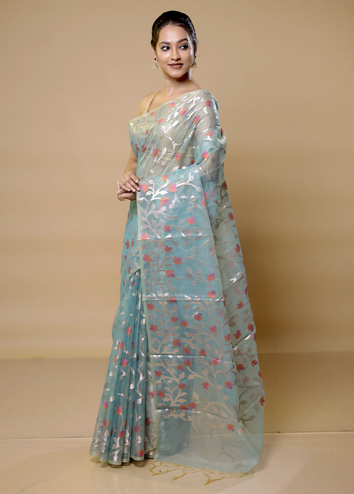 Blue Organza Saree With Blouse Piece