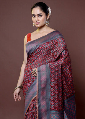 Maroon Kora Silk Saree With Blouse Piece