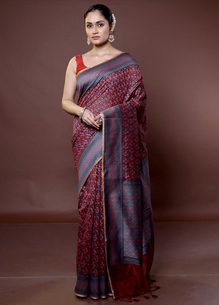 Maroon Kora Silk Saree With Blouse Piece