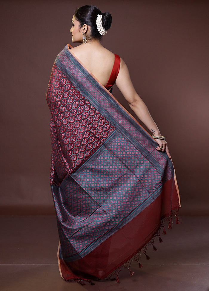 Maroon Kora Silk Saree With Blouse Piece