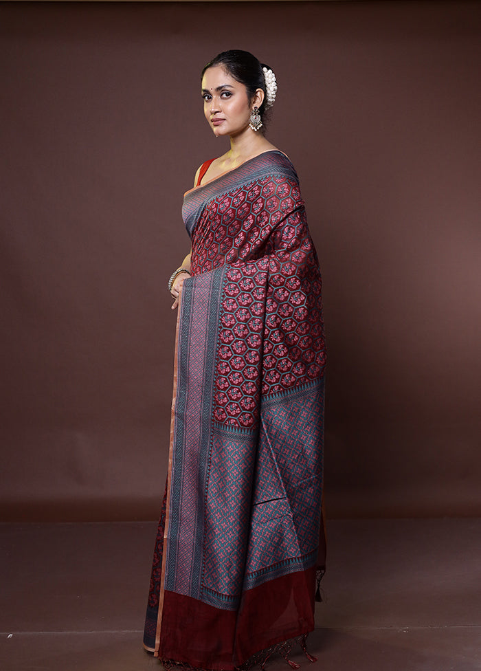 Maroon Kora Silk Saree With Blouse Piece