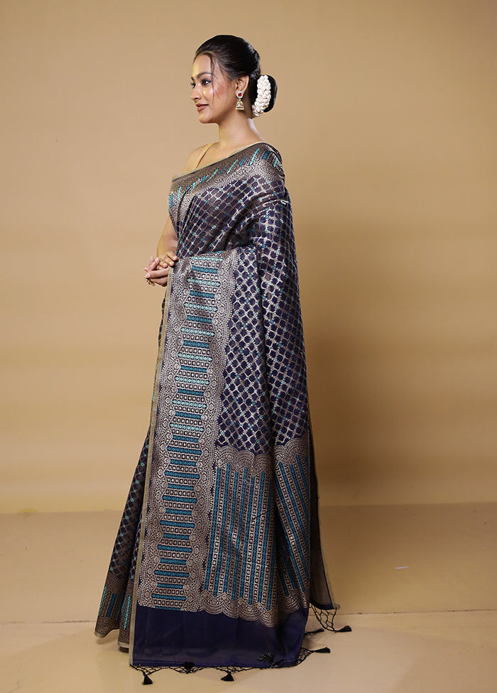 Blue Kora Silk Saree With Blouse Piece