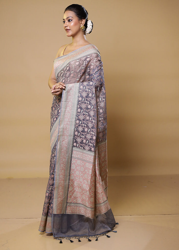 Grey Kora Silk Saree With Blouse Piece