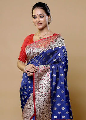 Blue Katan Silk Saree With Blouse Piece