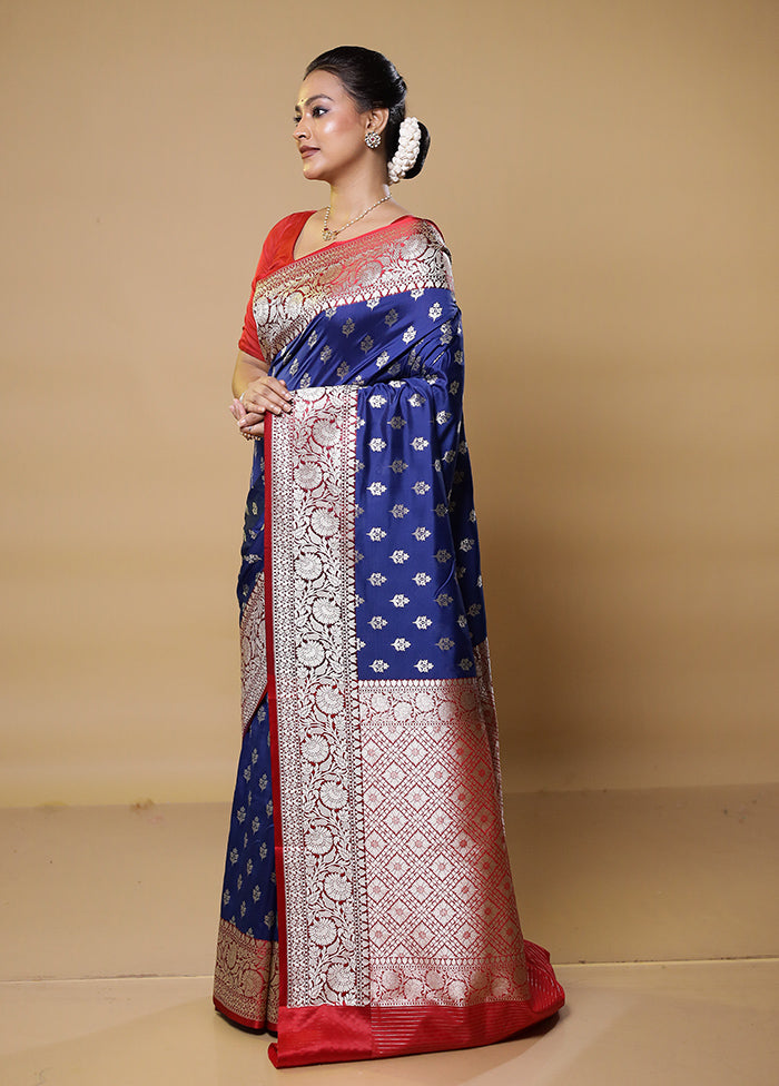 Blue Katan Silk Saree With Blouse Piece