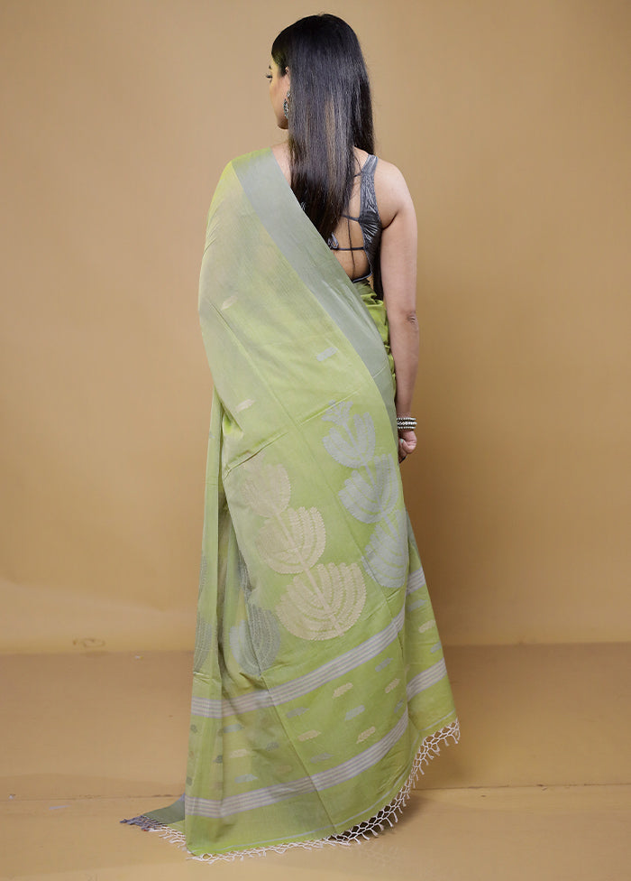 Green Khadi Cotton Saree With Blouse Piece