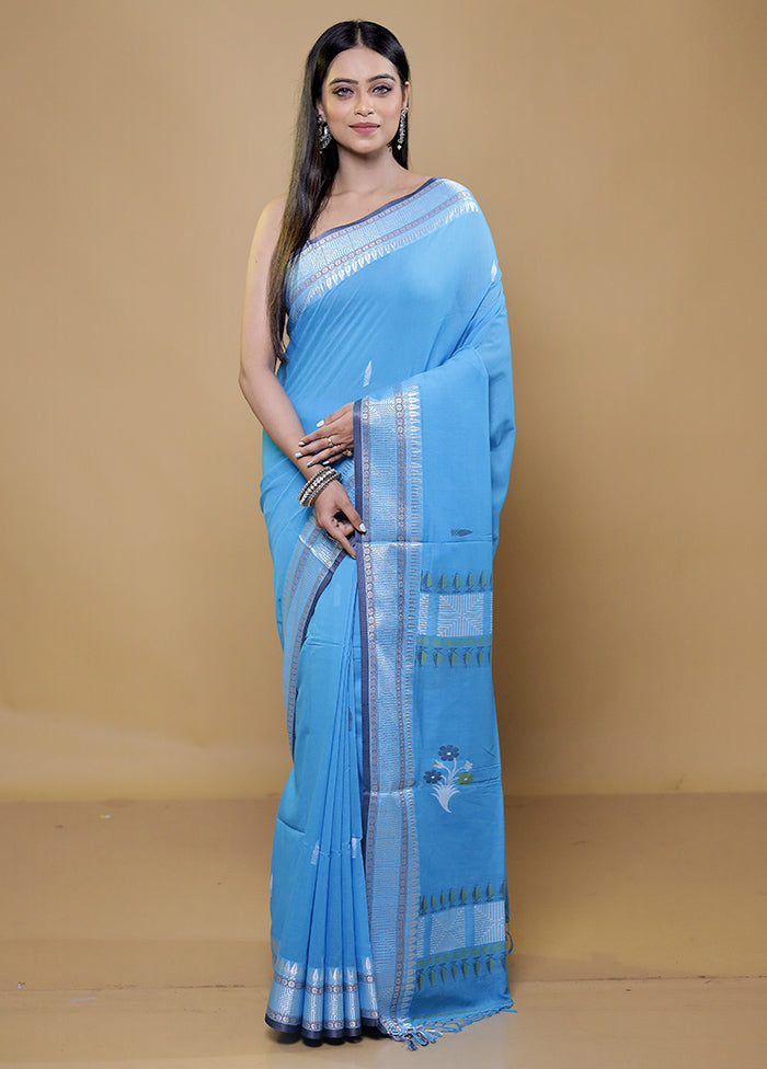 Blue Khadi Cotton Saree With Blouse Piece