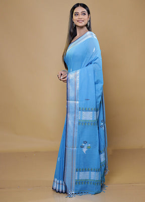 Blue Khadi Cotton Saree With Blouse Piece