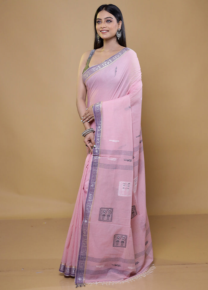 Pink Khadi Cotton Saree With Blouse Piece