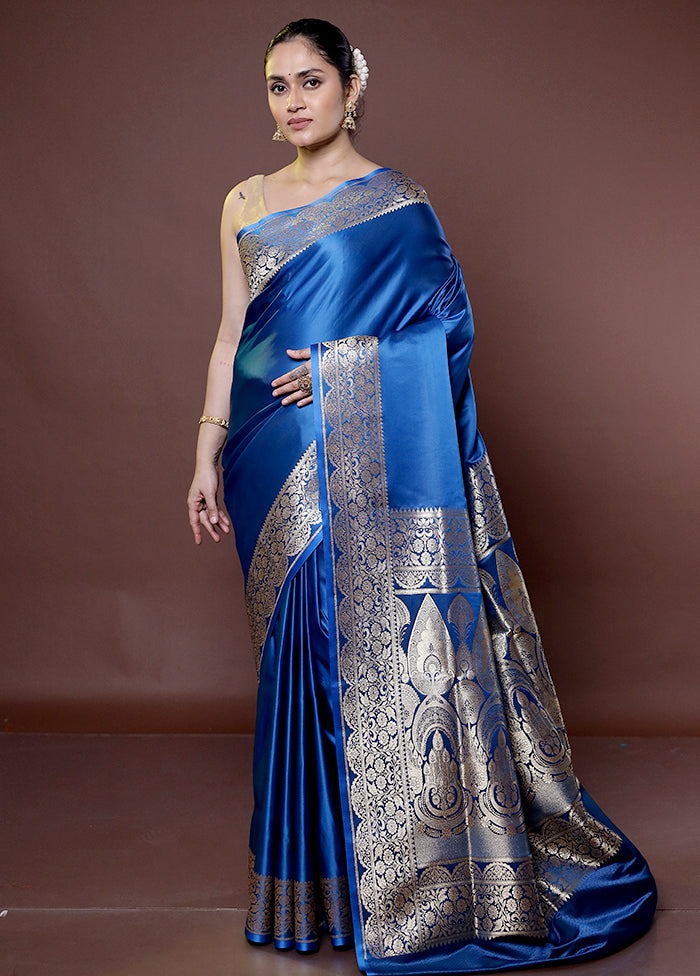 Blue Banarasi Silk Saree With Blouse Piece