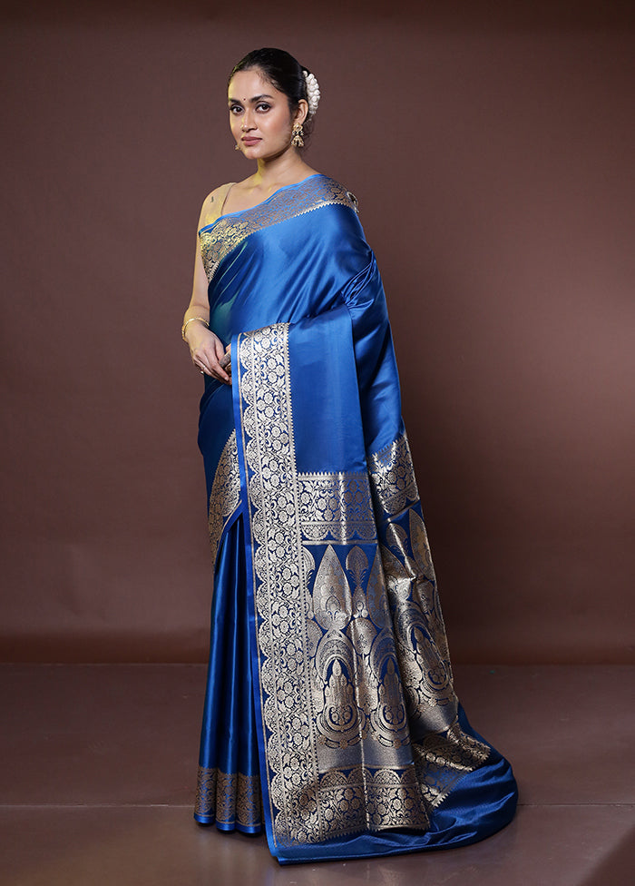 Blue Banarasi Silk Saree With Blouse Piece