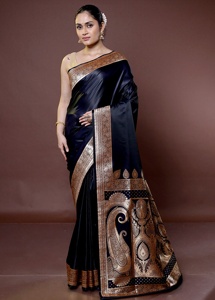 Black Banarasi Silk Saree With Blouse Piece