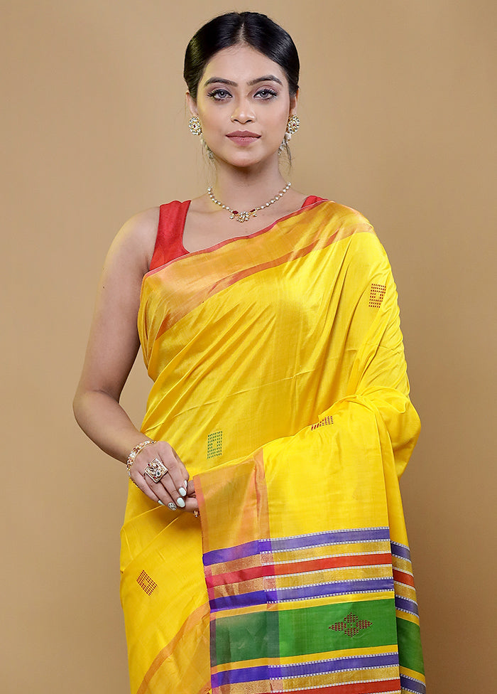 Yellow Kalakshetra Kanjivaram Silk Saree With Blouse Piece