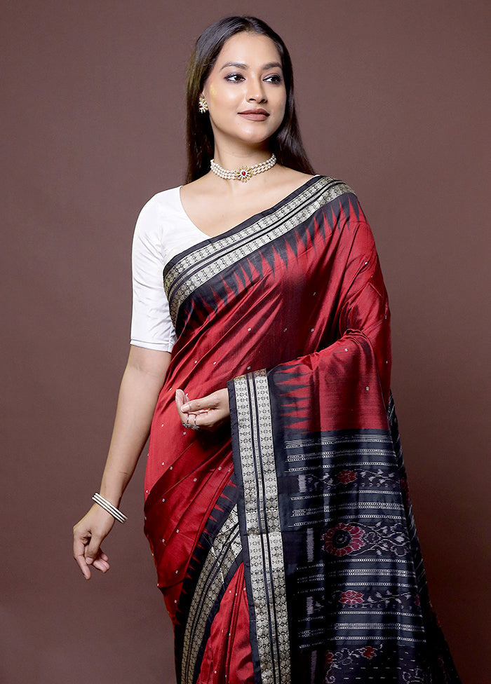 Maroon Handloom Bomkai Pure Silk Saree With Blouse Piece