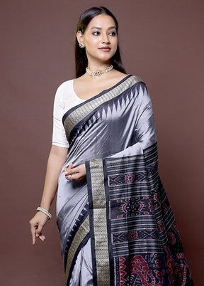 Grey Handloom Bomkai Pure Silk Saree With Blouse Piece