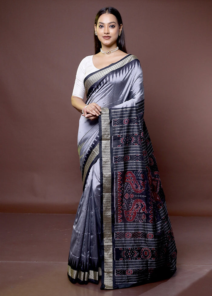 Grey Handloom Bomkai Pure Silk Saree With Blouse Piece