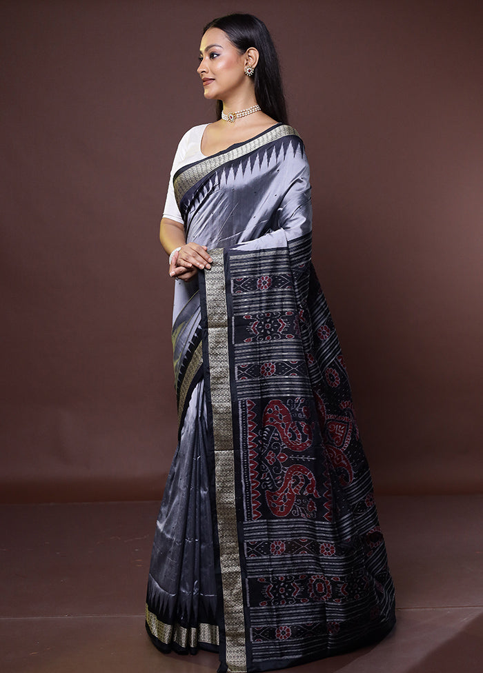 Grey Handloom Bomkai Pure Silk Saree With Blouse Piece