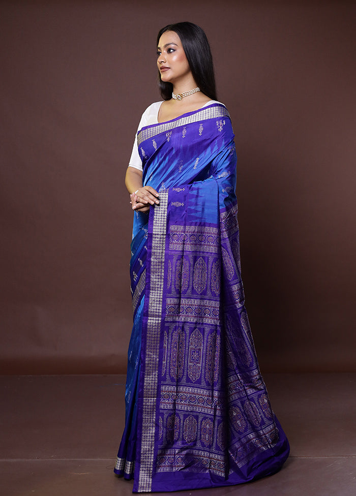 Blue Handloom Bomkai Pure Silk Saree With Blouse Piece