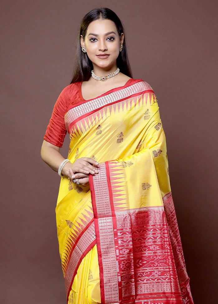 Yellow Handloom Bomkai Pure Silk Saree With Blouse Piece