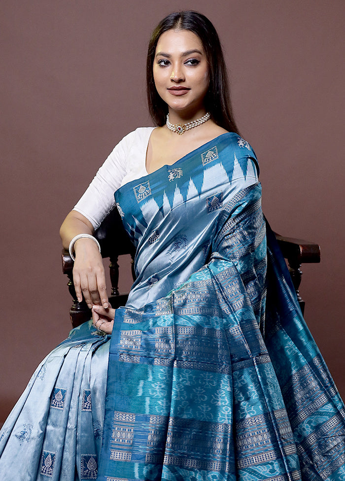 Blue Handloom Bomkai Pure Silk Saree With Blouse Piece