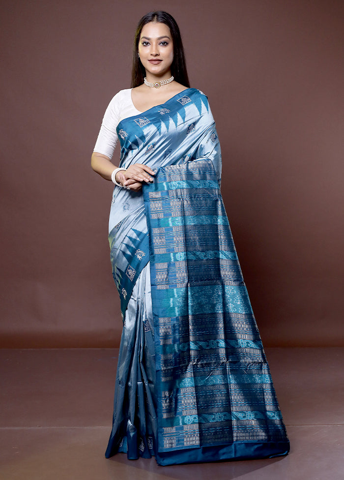 Blue Handloom Bomkai Pure Silk Saree With Blouse Piece