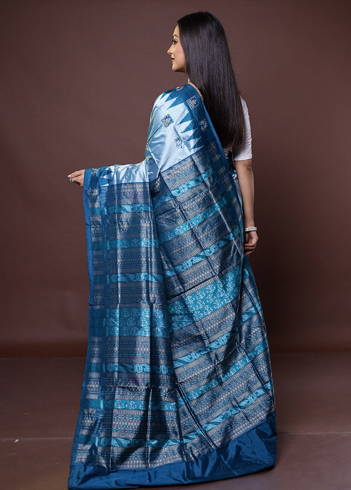 Blue Handloom Bomkai Pure Silk Saree With Blouse Piece