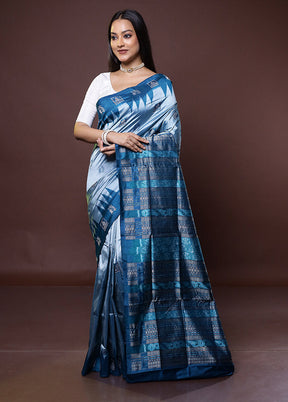 Blue Handloom Bomkai Pure Silk Saree With Blouse Piece