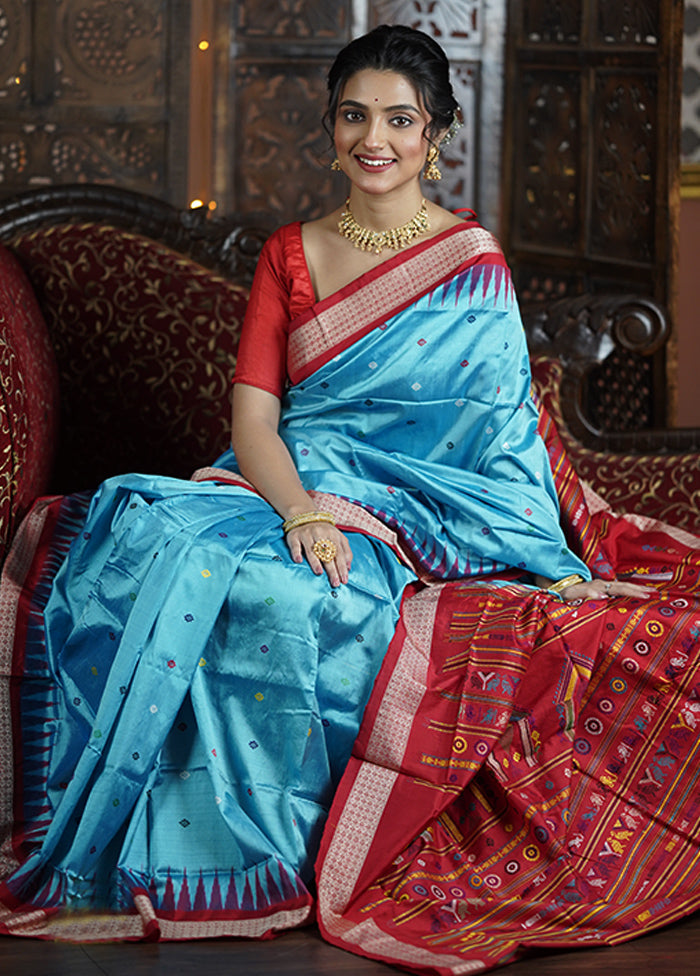 Blue Handloom Bomkai Pure Silk Saree With Blouse Piece