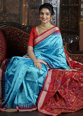 Blue Handloom Bomkai Pure Silk Saree With Blouse Piece