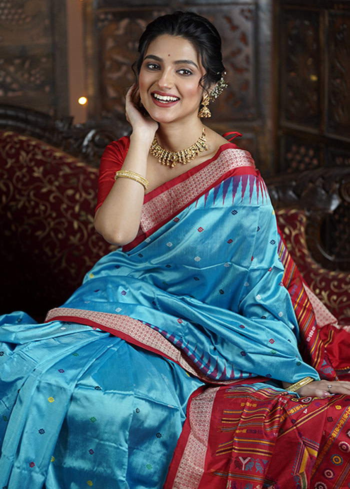 Blue Handloom Bomkai Pure Silk Saree With Blouse Piece